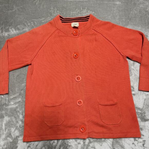 LLBean Womens Button Front Cardigan Sweater Large Coral Orange Cotton Kni - Picture 2 of 8